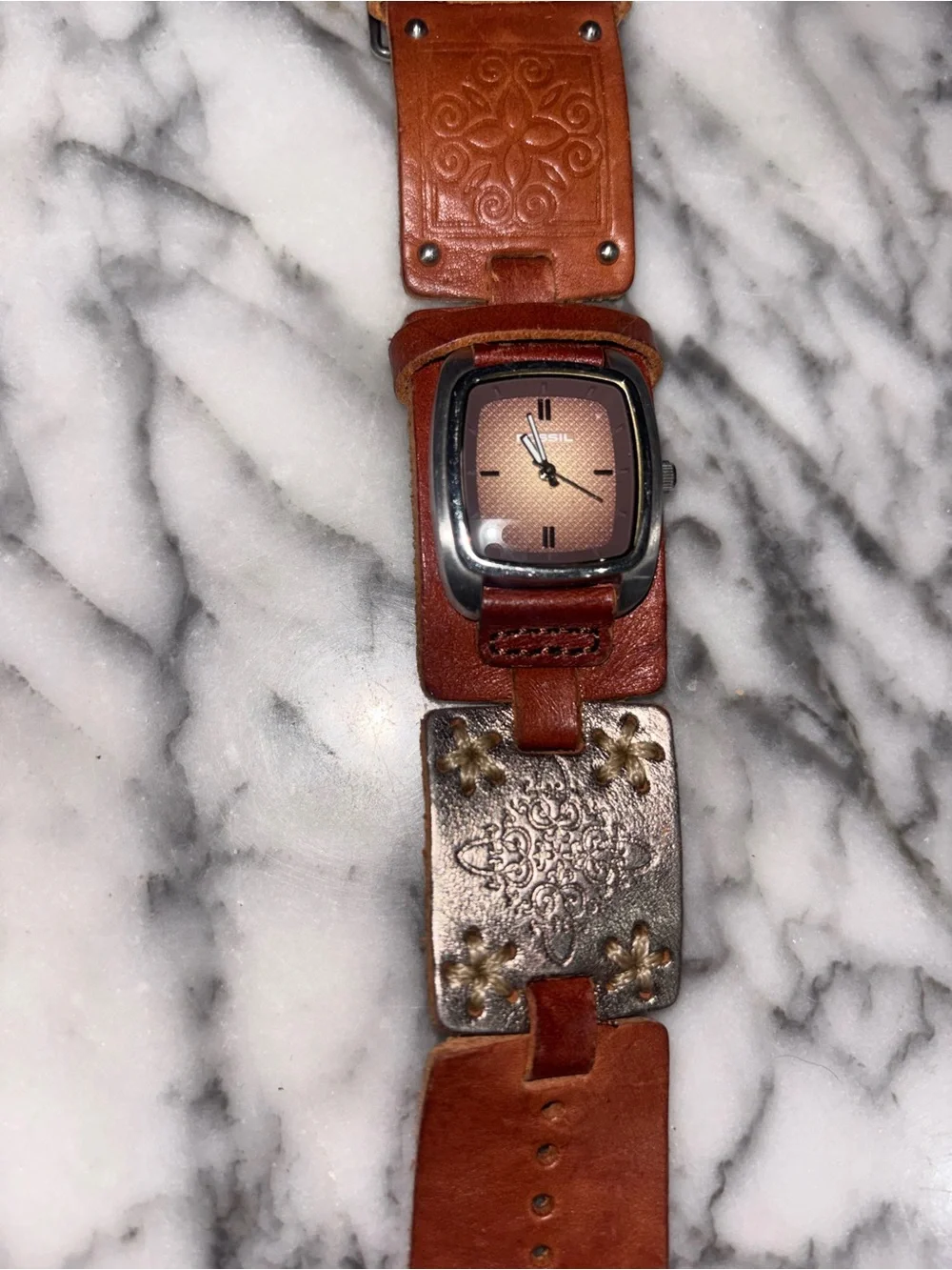 Vintage Fossil Leather Cuff Watch Boho Western Brown
